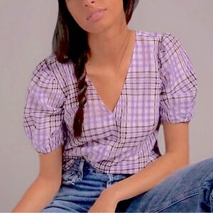 Anthropologie NWT MARE MARE Marsha Plaid Puff Sleeved V-Neck Tunic Blouse Sz Sml